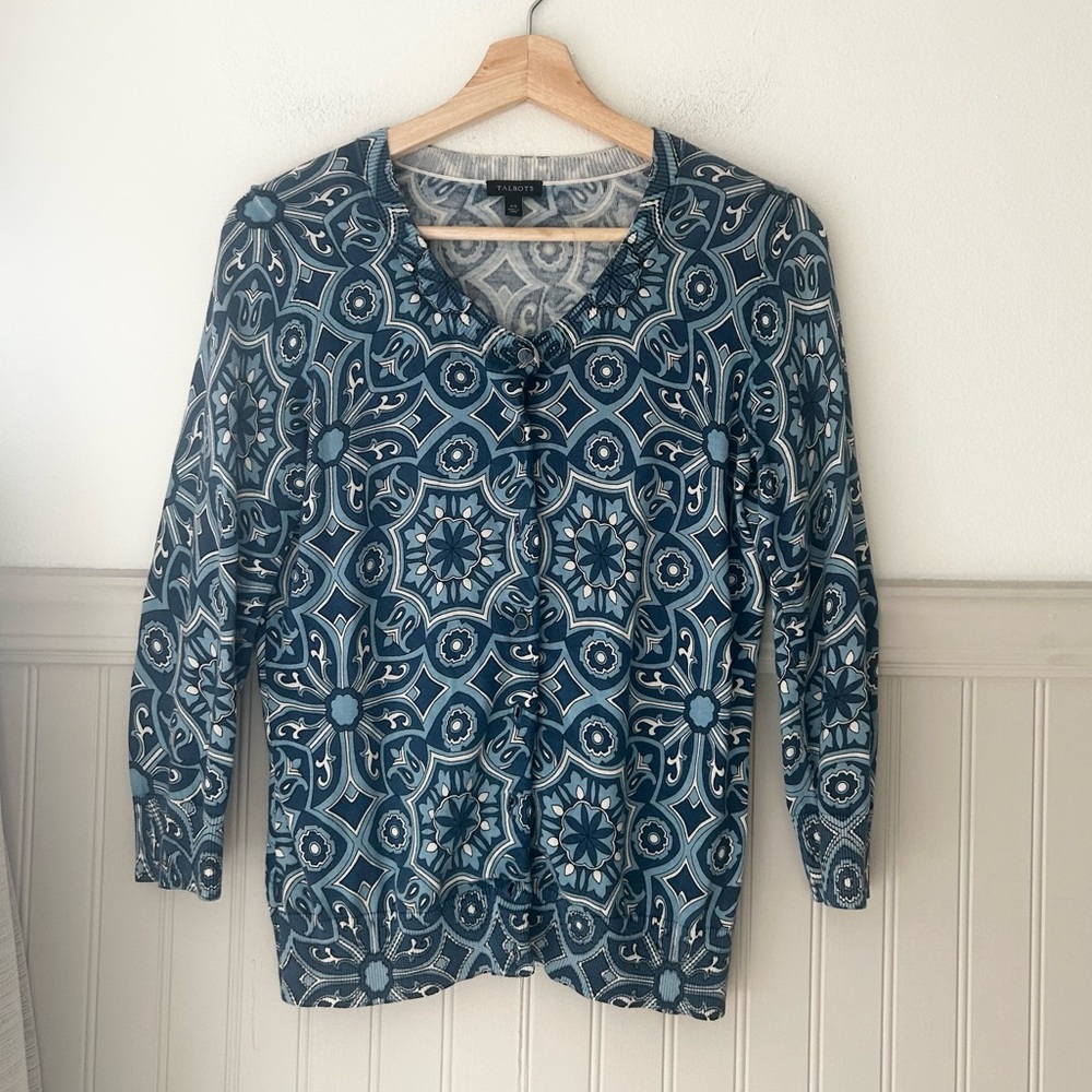 Talbots Blue and White Geometric Button Up Cardigan Size XS
